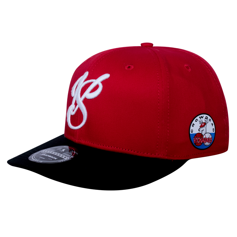 Red Snapback cap in collaboration with Club Venados de Mazatlán, with embroidered Crowdead logos and flex patches.