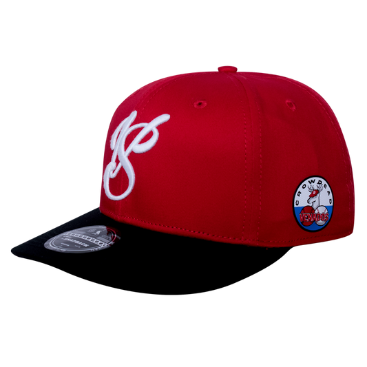 Red Snapback cap in collaboration with Club Venados de Mazatlán, with embroidered Crowdead logos and flex patches.