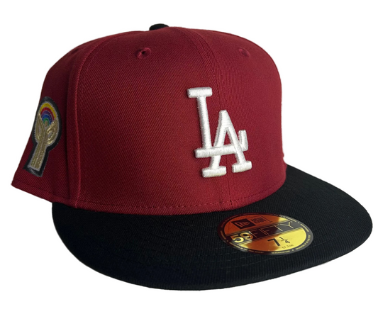 New Era 59FIFTY Los Angeles Dodgers fitted hat in a cardinal 2-Tone with a black brim and Gray UV.