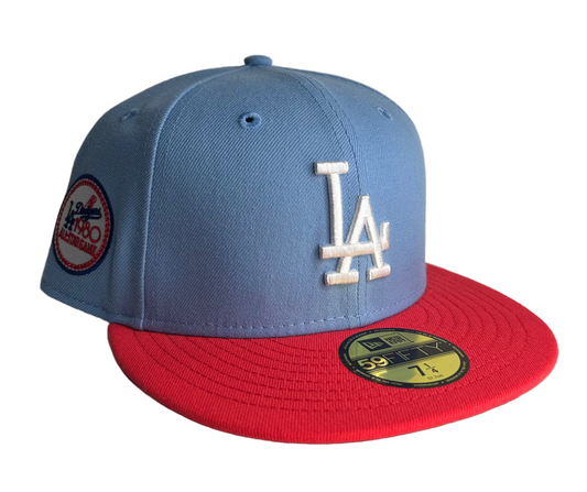 New Era Los Angeles Dodgers Spring Color Two-Tone 59FIFTY fitted hat in light blue and red with a 1980 All-Star Game side patch. 