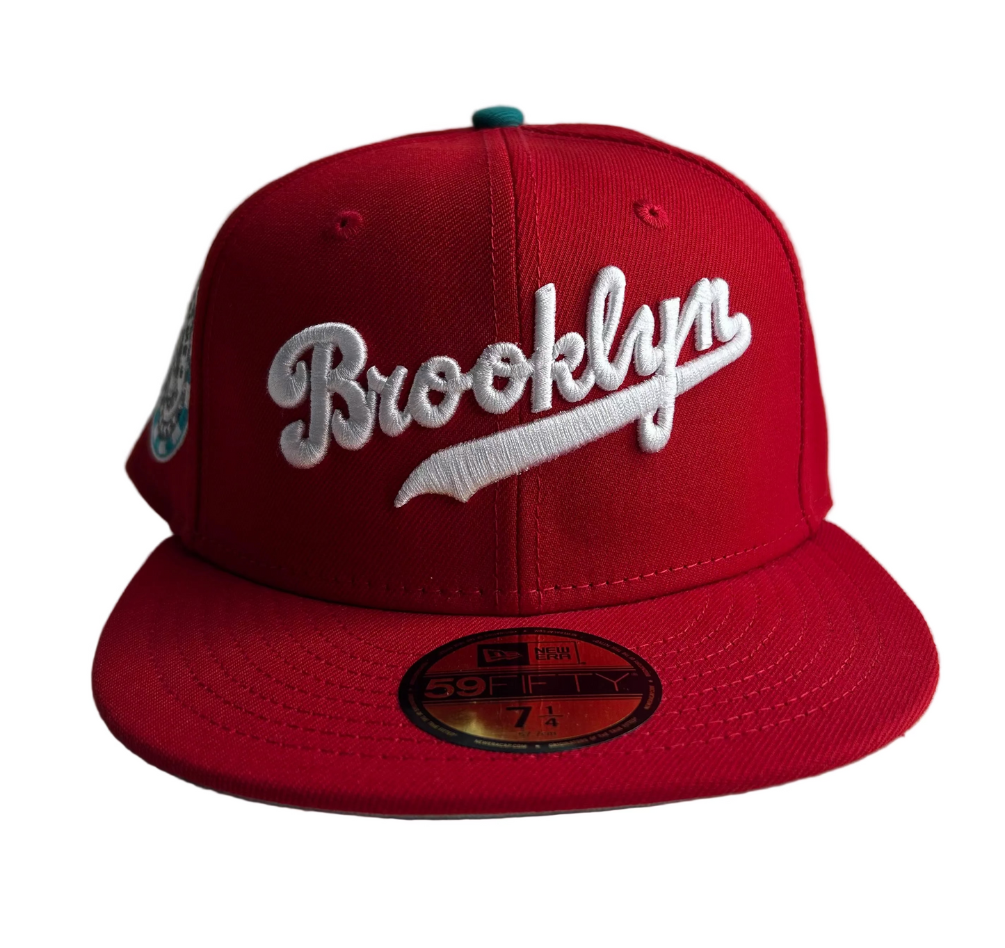 New Era 59Fifty fitted hat in Scarlet Red w/ Gray undervisor, featuring the "Brooklyn" script logo on the front and a 1942 All-Star Game side patch.