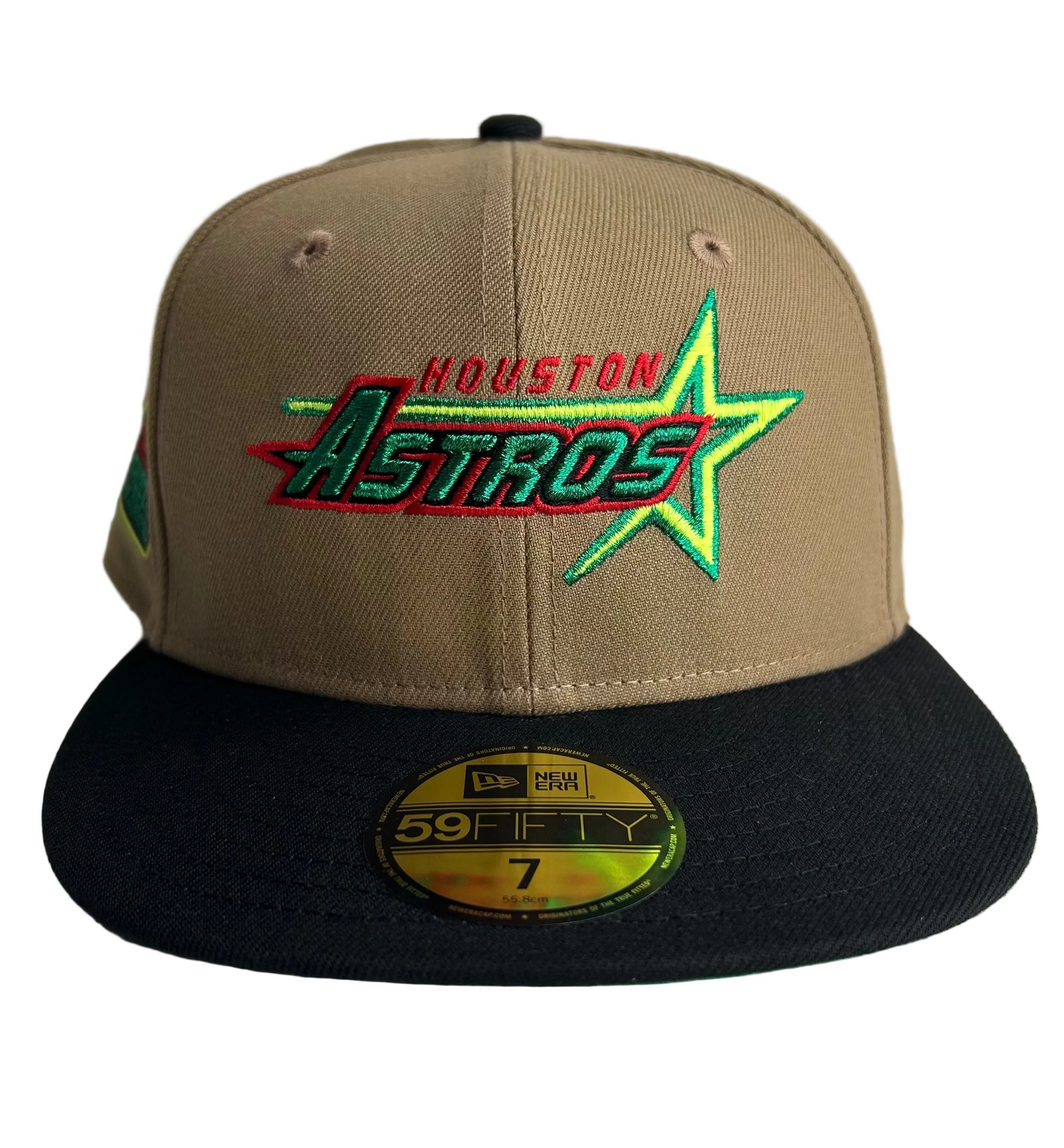 New Era 59Fifty Houston Astros Astrodome "The Original" side patch fitted hat in a tan crown and black brim colorway W/ Green UV.