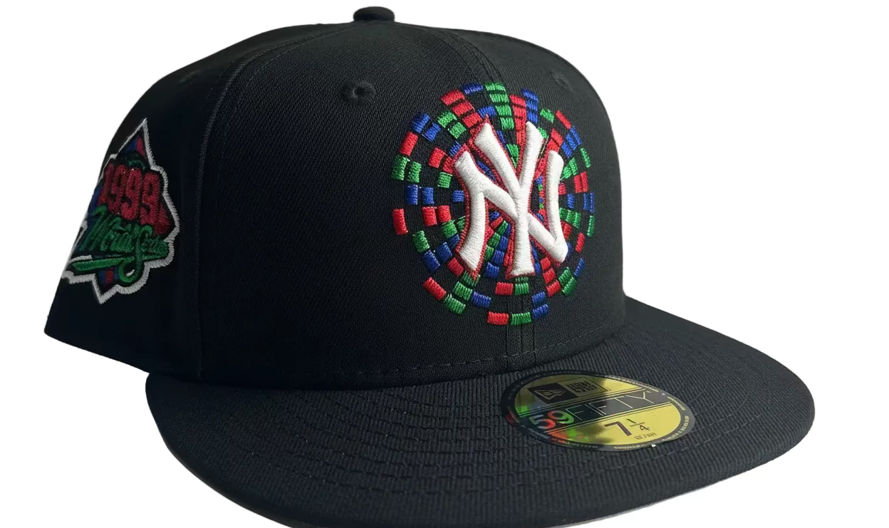 New Era 59Fifty New York Yankees 1999 World Series black fitted hat with a multi-color floral infill logo.