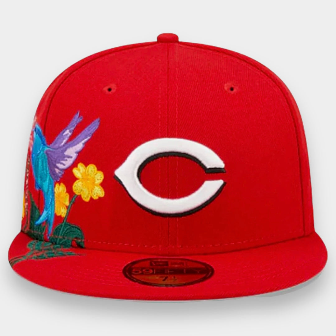 New Era Cincinnati Reds "Side-Bloom" or "Blooming" 59FIFTY fitted hat with custom floral and hummingbird embroidery.