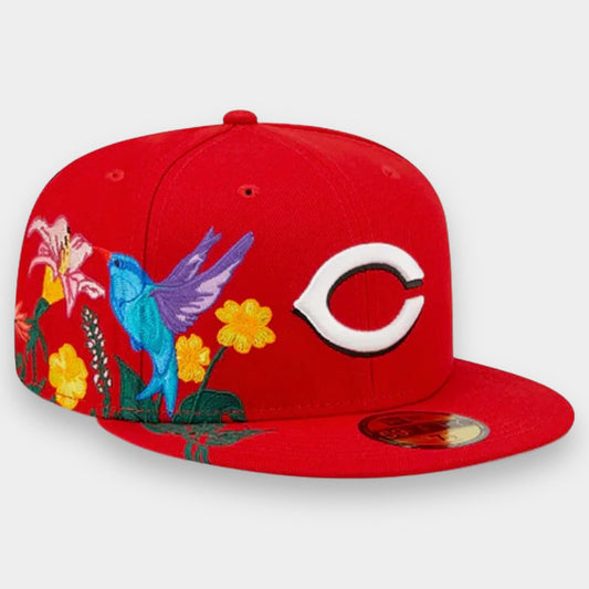 New Era Cincinnati Reds "Side-Bloom" or "Blooming" 59FIFTY fitted hat with custom floral and hummingbird embroidery.