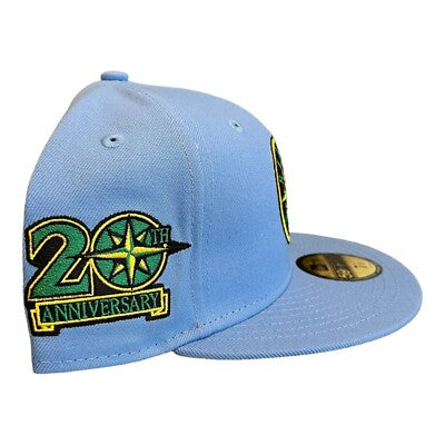 New Era Seattle Mariners 59FIFTY Fitted Hat Cap Light Blue 20th Year Anniversary Patch.