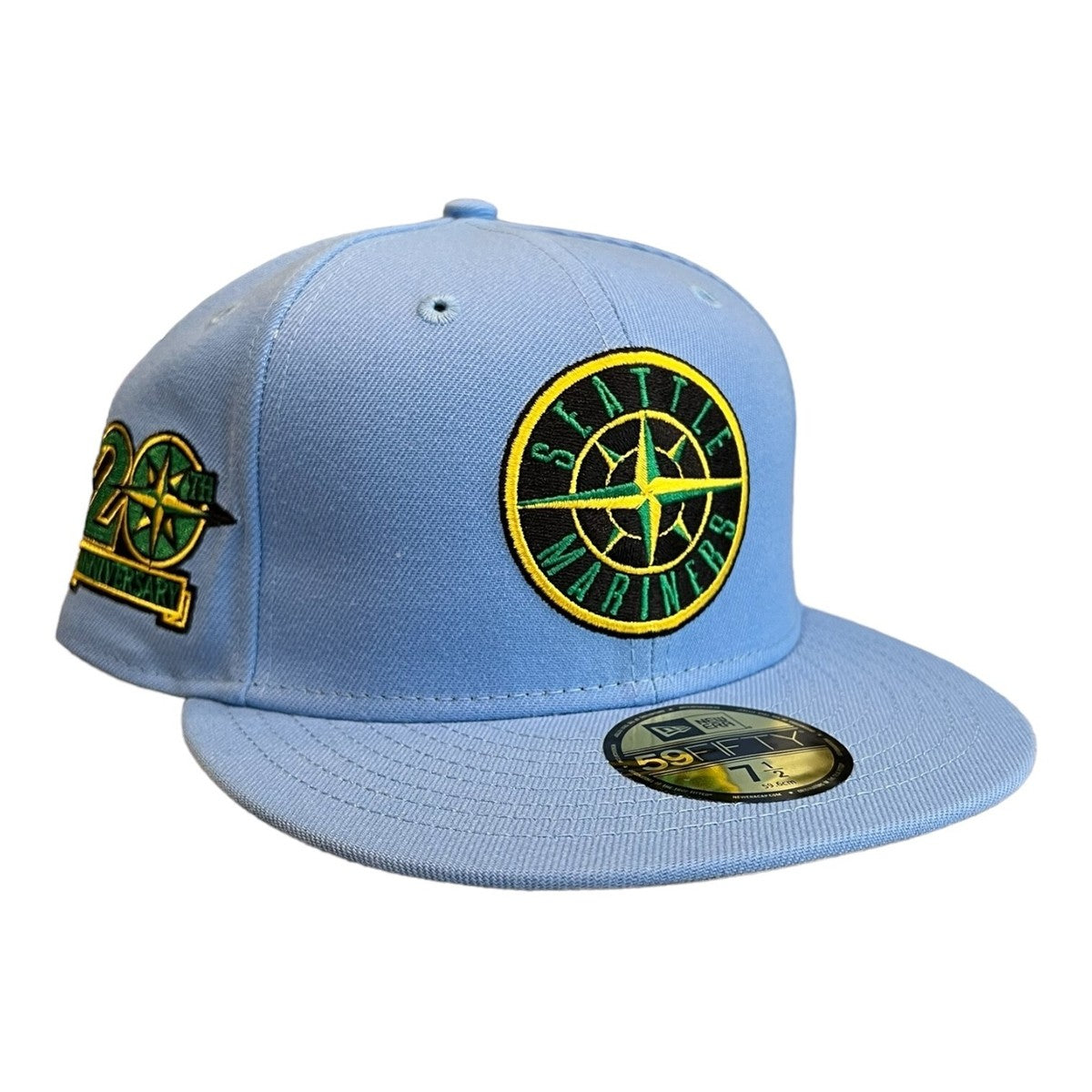 New Era Seattle Mariners 59FIFTY Fitted Hat Cap Light Blue 20th Year Anniversary Patch.
