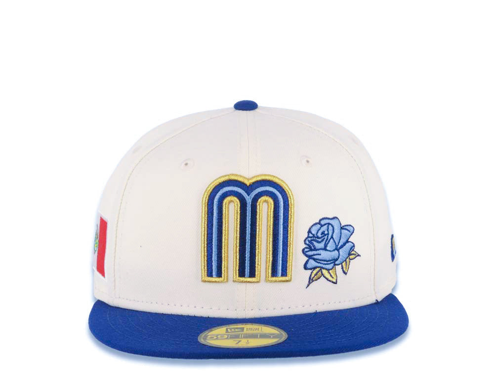 Mexico New Era WBC 59FIFTY Fitted Hat Cream Crown Royal Blue Visor Royal/Metallic Gold/Sky Blue Logo With Rose Mexico Flag Side Patch