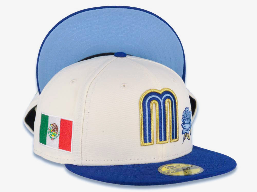 Mexico New Era WBC 59FIFTY Fitted Hat Cream Crown Royal Blue Visor Royal/Metallic Gold/Sky Blue Logo With Rose Mexico Flag Side Patch