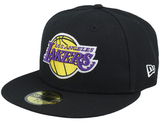 New Era 59FIFTY fitted cap featuring the Los Angeles Lakers logo in black, yellow, and purple W/ Purple Paisley UV.