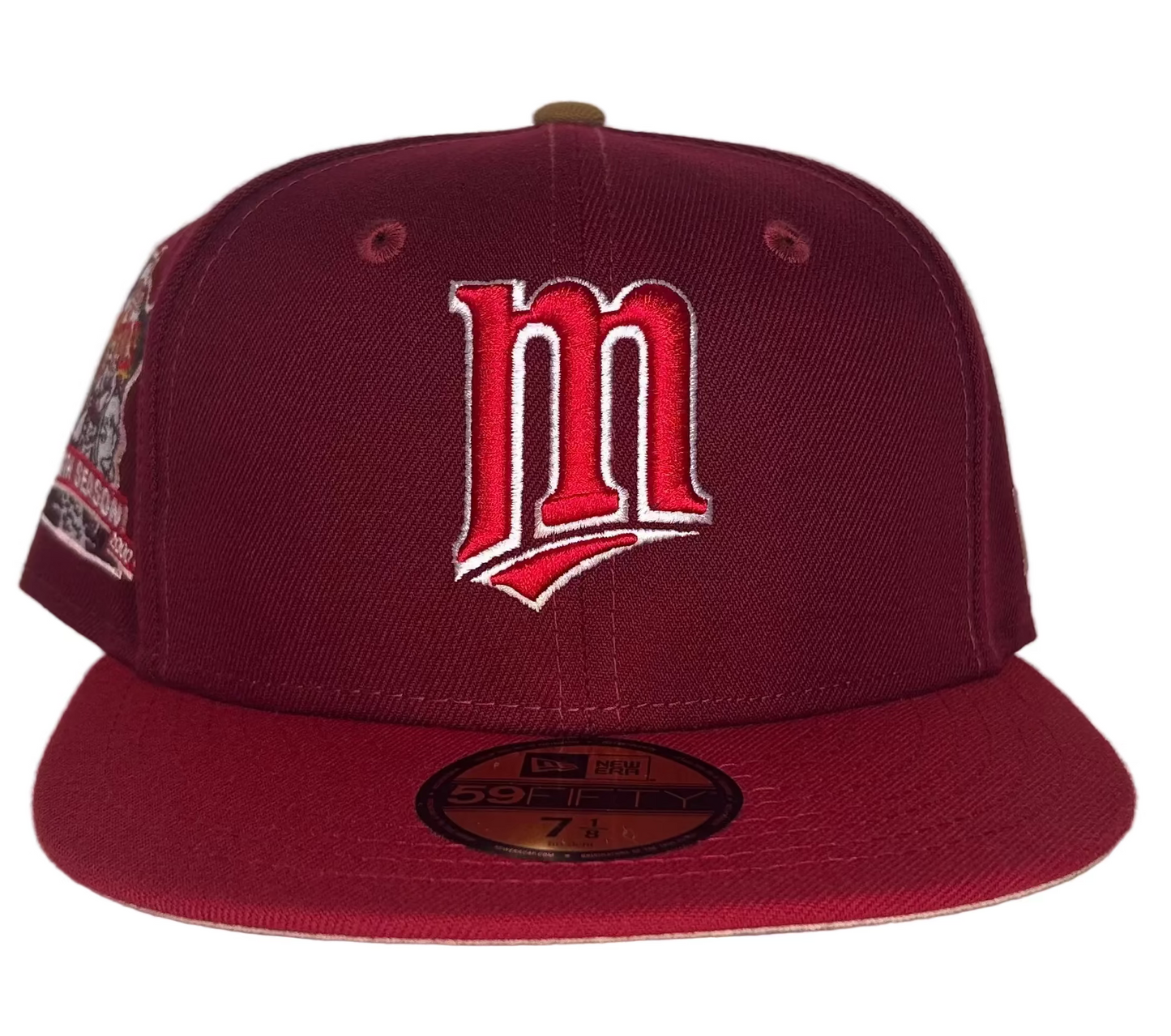 New Era 59FIFTY Minnesota Twins 40th Season fitted hat in the color 2-Tone maroon Sneaky cardinal Brim w/ Peach UV.