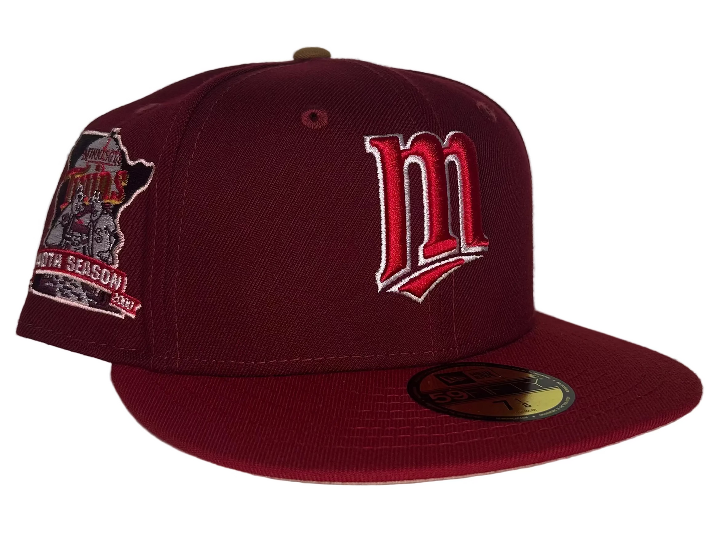 New Era 59FIFTY Minnesota Twins 40th Season fitted hat in the color 2-Tone maroon Sneaky cardinal Brim w/ Peach UV.