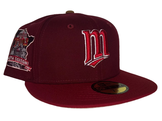 New Era 59FIFTY Minnesota Twins 40th Season fitted hat in the color 2-Tone maroon Sneaky cardinal Brim w/ Peach UV.