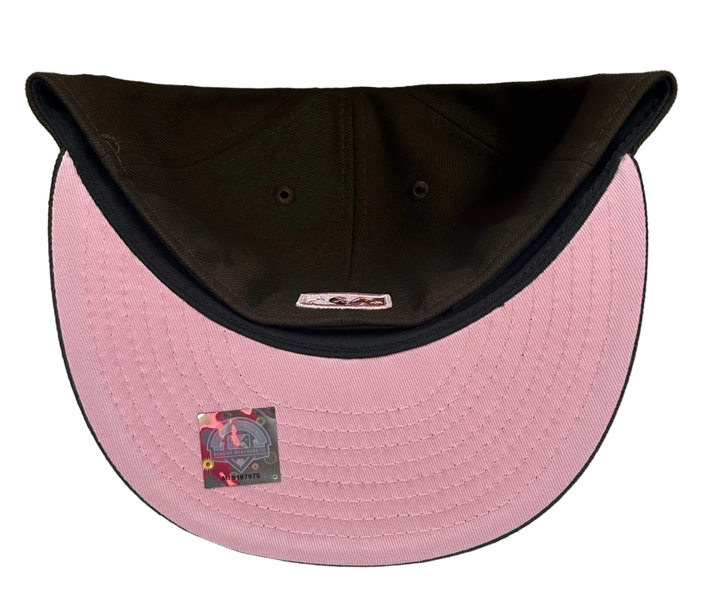 New Era 59FIFTY fitted hat featuring the Modesto Athletics "Cali League" elephant logo, in a brown colorway with a pink undervisor.
