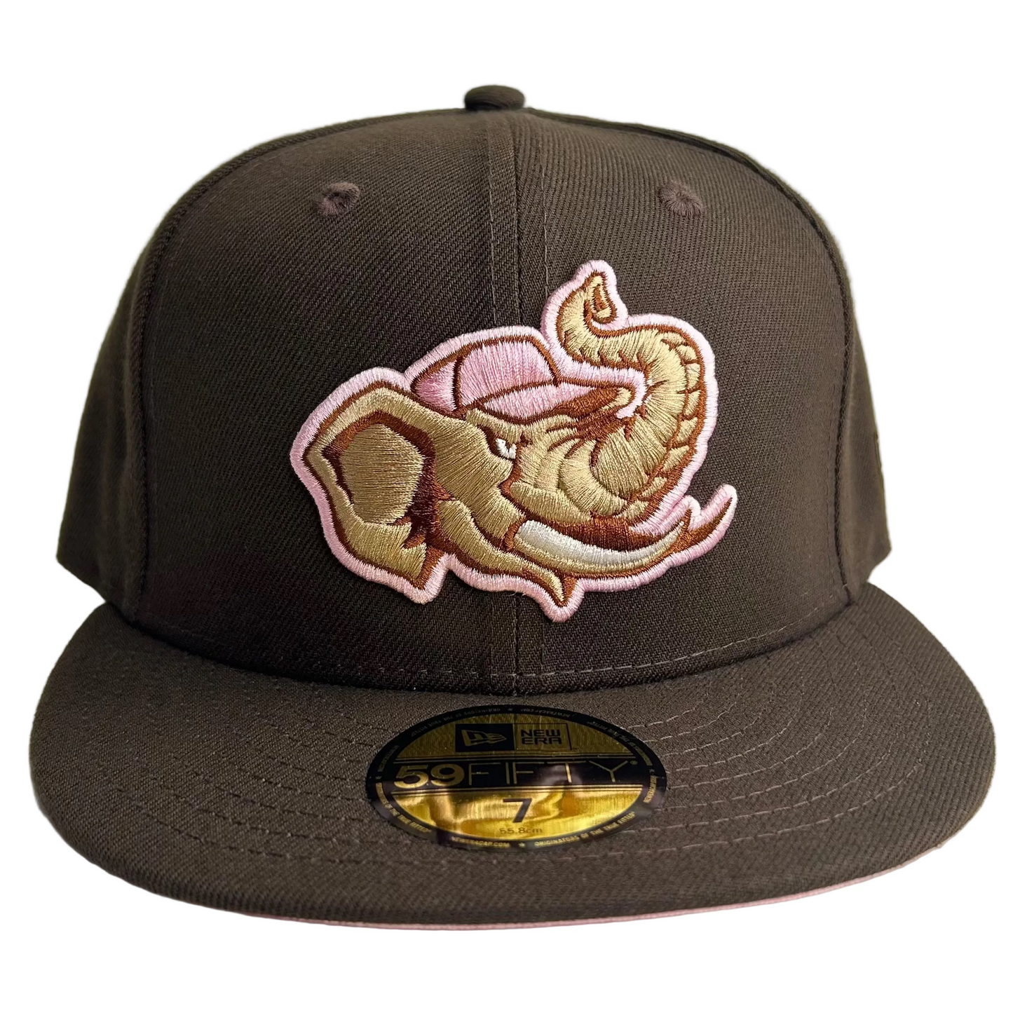 New Era 59FIFTY fitted hat featuring the Modesto Athletics "Cali League" elephant logo, in a brown colorway with a pink undervisor.