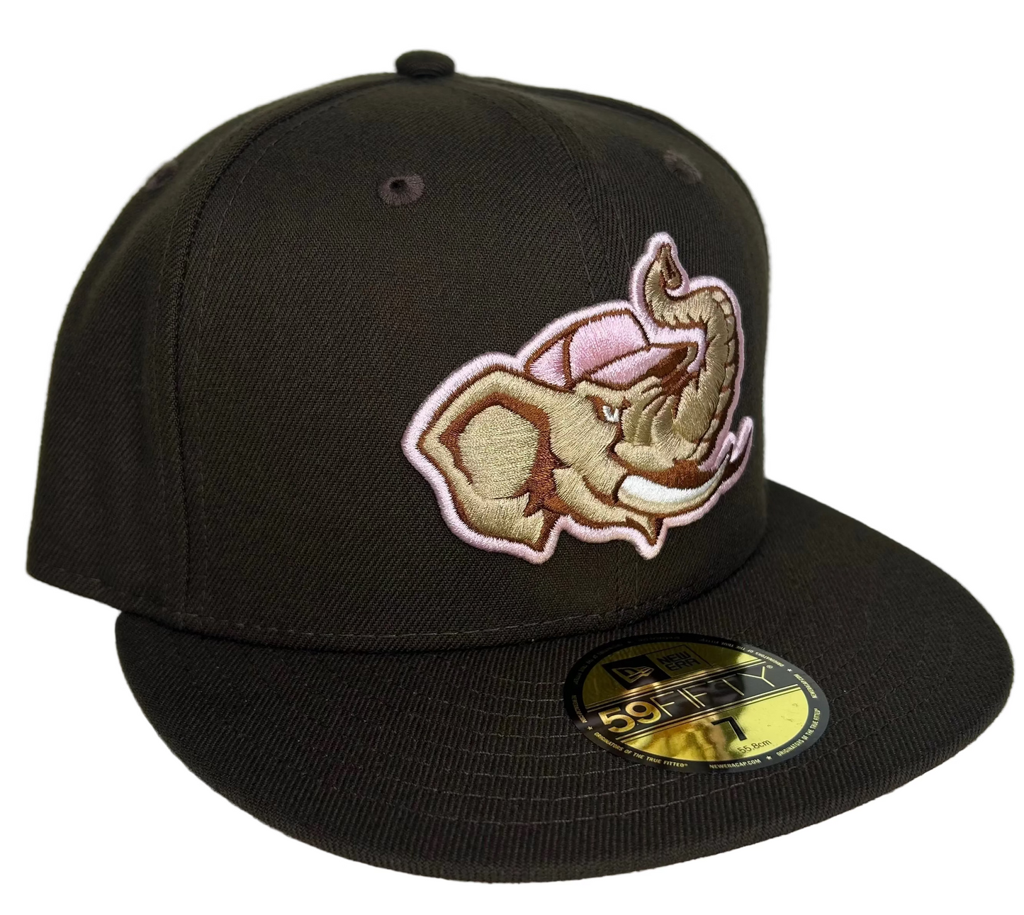 New Era 59FIFTY fitted hat featuring the Modesto Athletics "Cali League" elephant logo, in a brown colorway with a pink undervisor.