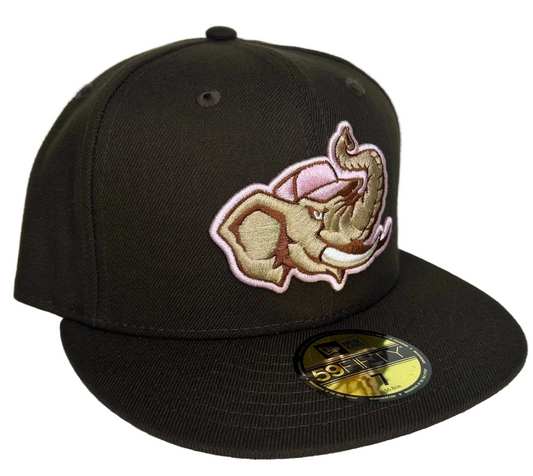New Era 59FIFTY fitted hat featuring the Modesto Athletics "Cali League" elephant logo, in a brown colorway with a pink undervisor.