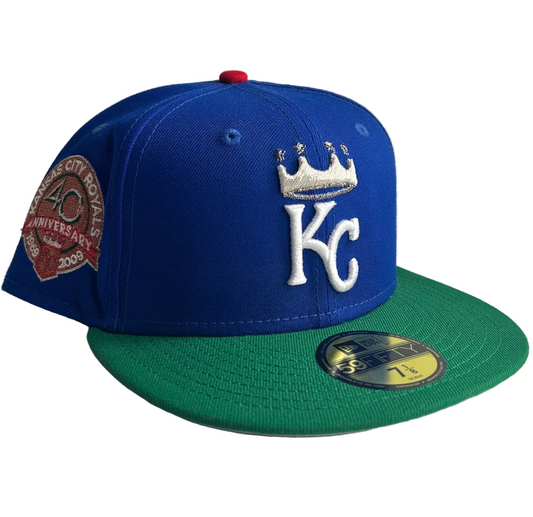 Blue Kansas City Royals 2-Tone Kelly Green 40th Anniversary Side Patch “Rushmore” 59fifty New Era Fitted Hat.