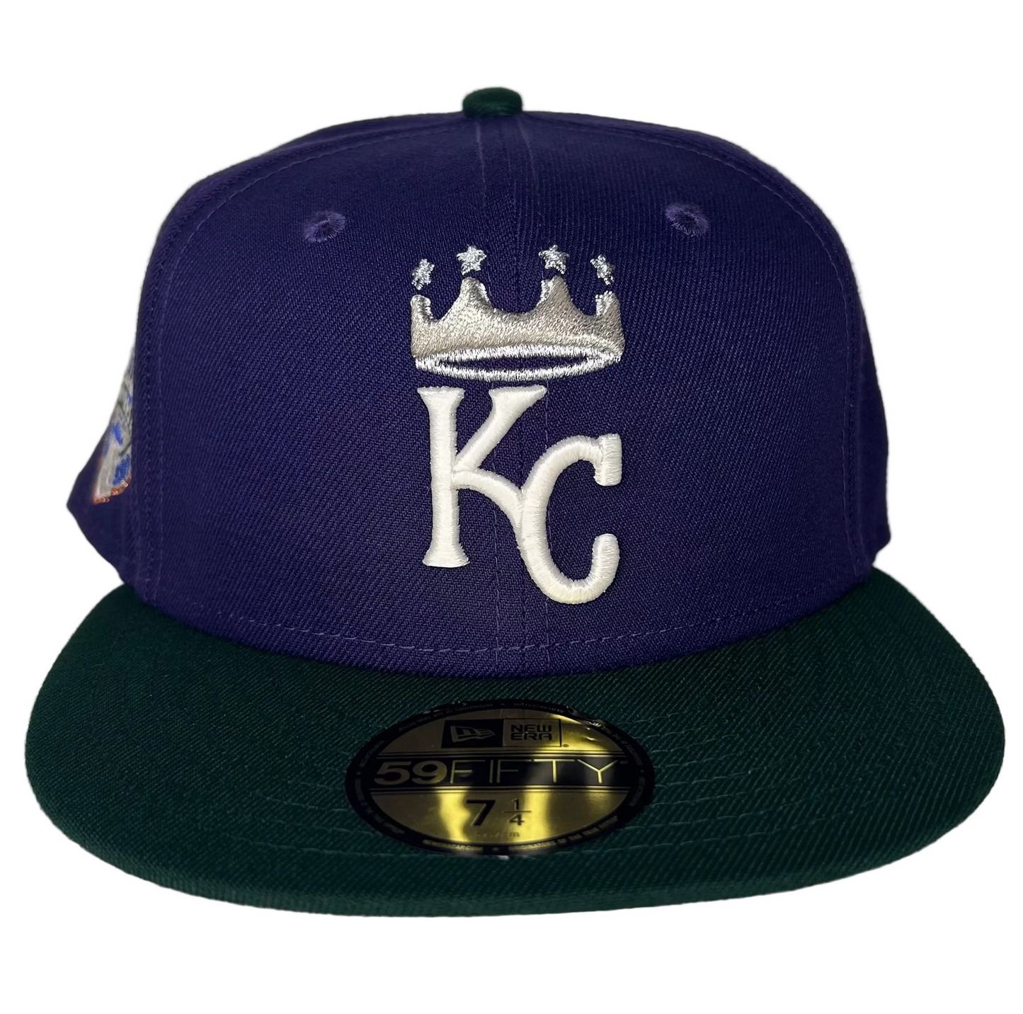 All The Right" Exclusive New Era "Rushmore" Kansas City Royals 59FIFTY fitted cap featuring a purple crown, green brim, and a 40th Anniversary side patch. 