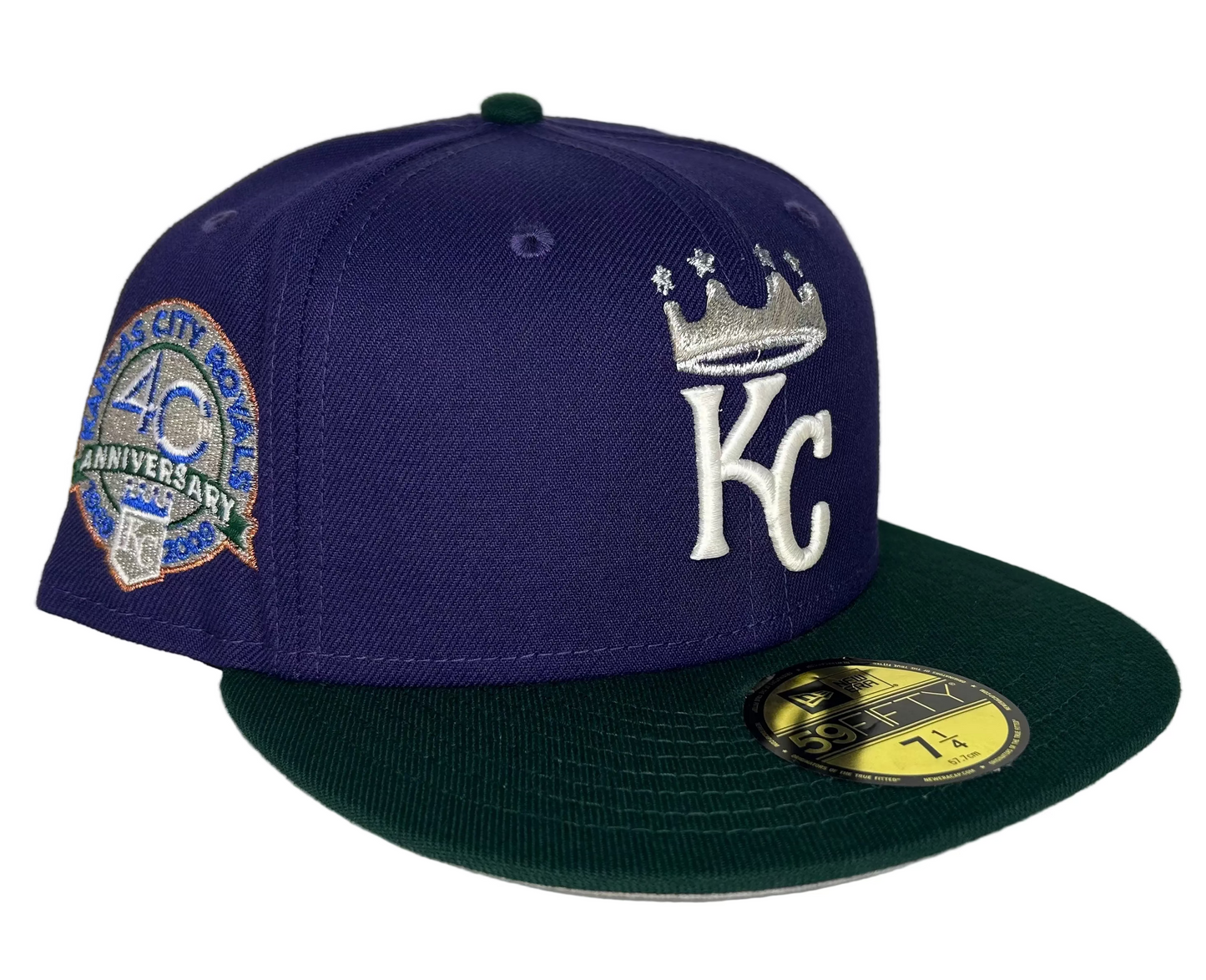 All The Right" Exclusive New Era "Rushmore" Kansas City Royals 59FIFTY fitted cap featuring a purple crown, green brim, and a 40th Anniversary side patch. 