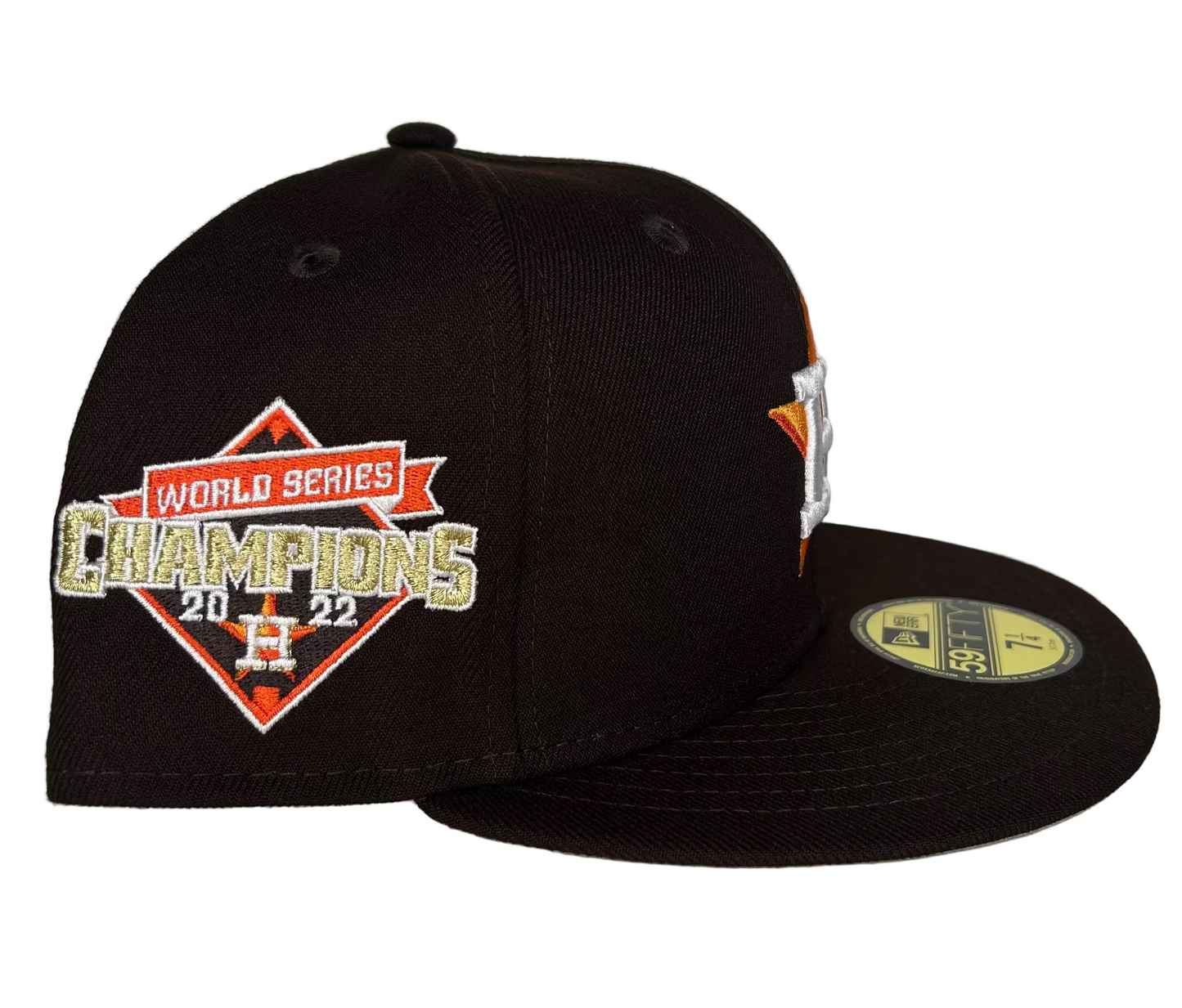 Dark brown New Era 59FIFTY Houston Astros fitted hat with a 2022 World Series Champions side patch.