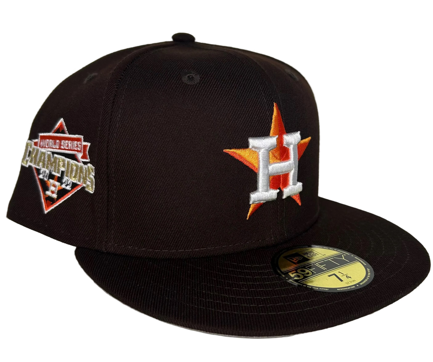 Dark brown New Era 59FIFTY Houston Astros fitted hat with a 2022 World Series Champions side patch.