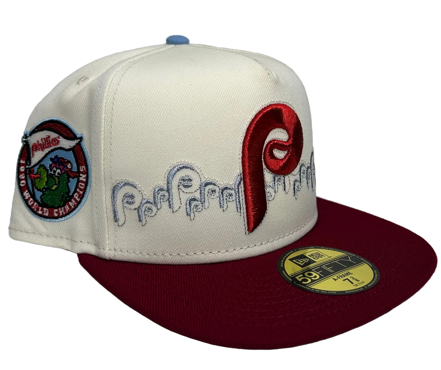 PHILADELPHIA PHILLIES 1980 WORLD SERIES CHAMPIONS A-FRAME 59FIFTY NEW ERA FITTED HAT.