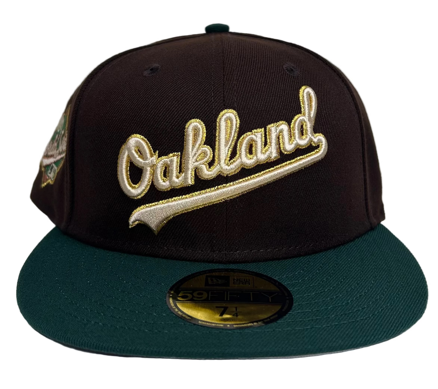 New Era Oakland Athletics Script Coliseum  “Milky Way” 59FIFTY Fitted Hat, which features a throwback two-tone design with a script logo on the front and a World Series patch on the side. 