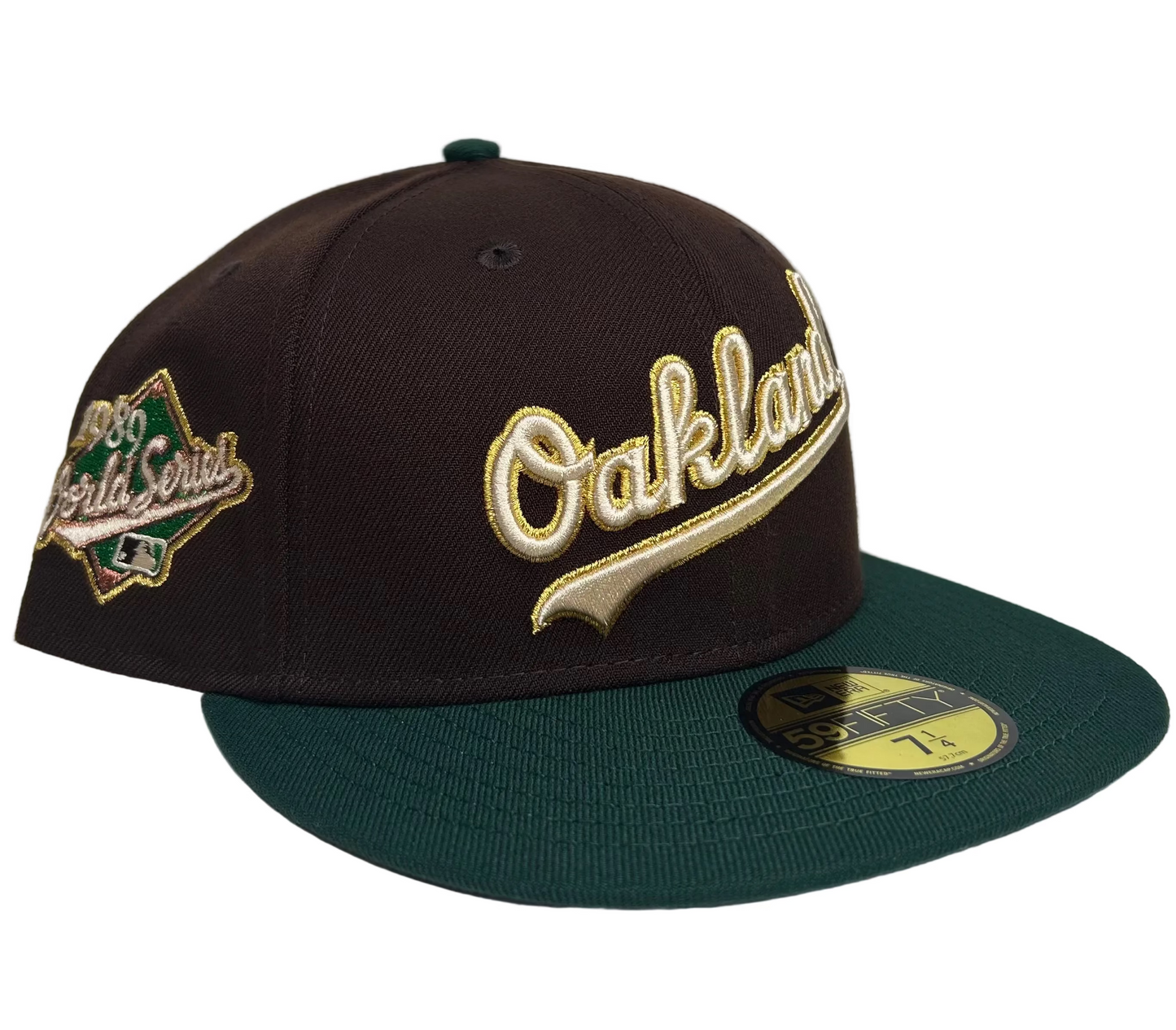 New Era Oakland Athletics Script Coliseum  “Milky Way” 59FIFTY Fitted Hat, which features a throwback two-tone design with a script logo on the front and a World Series patch on the side. 