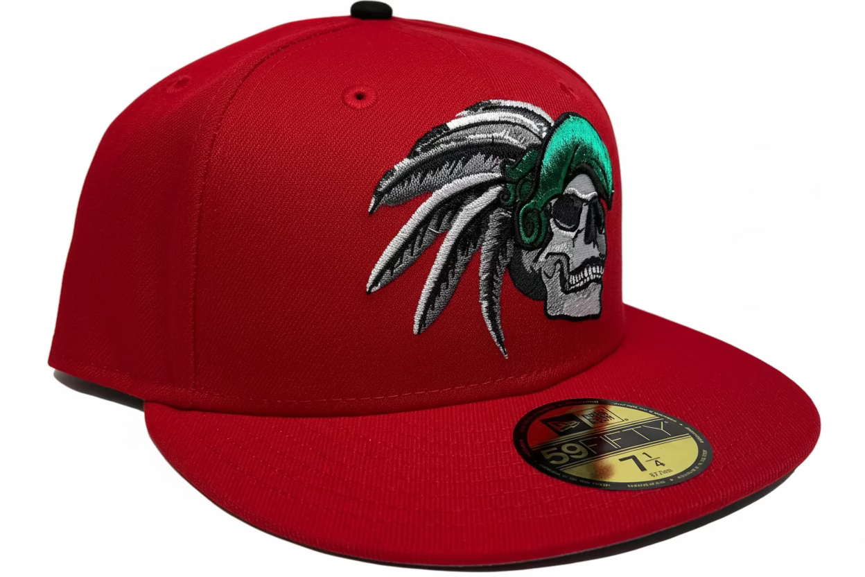 New Era Red Azteca Skull Warrior Mexico Flag Batterman Gray UV New Era 59FIFTY Fitted Hat.