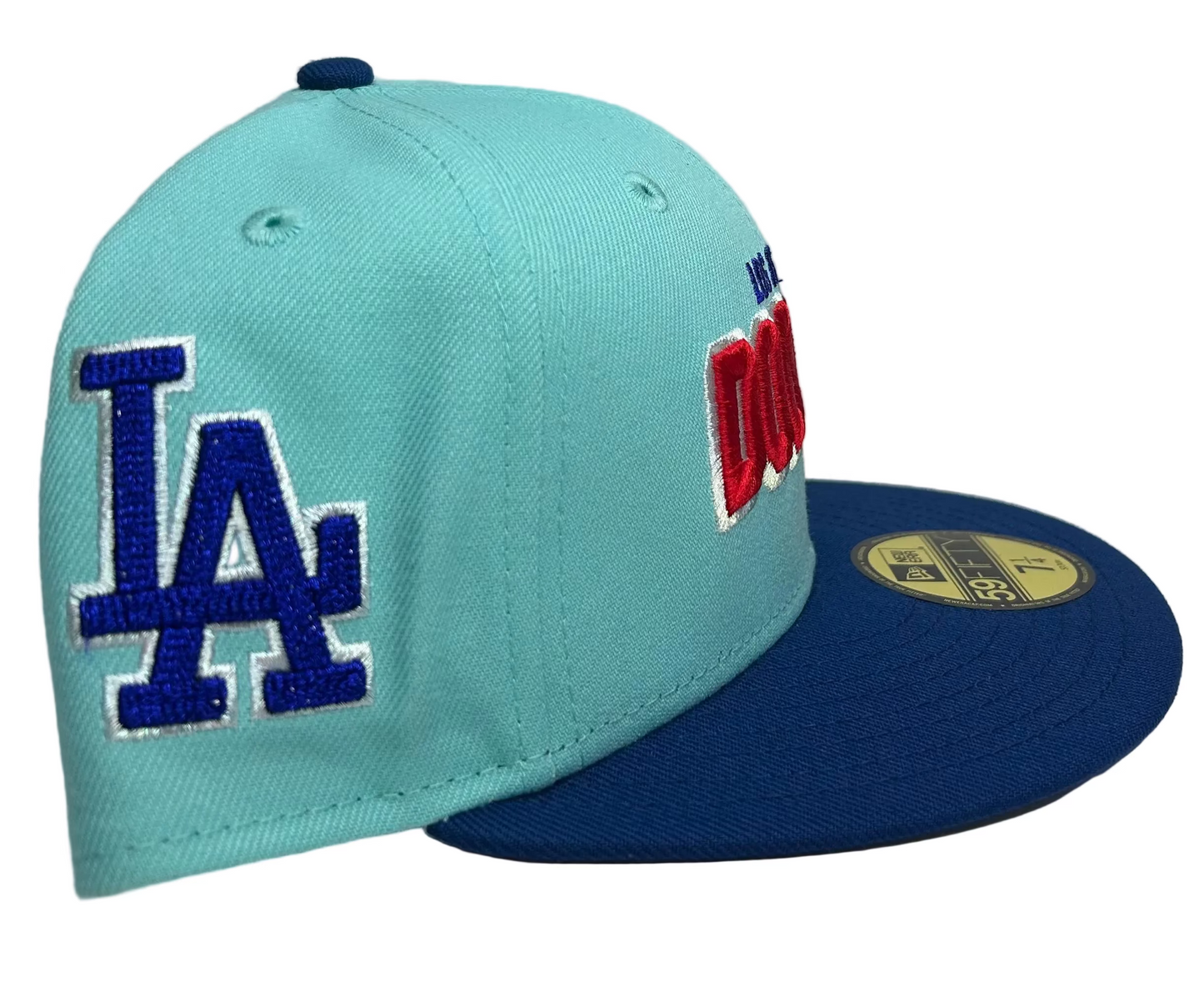 New Era Los Angeles Dodgers 59FIFTY fitted hat, teal crown and royal blue visor W/ Grey UV.