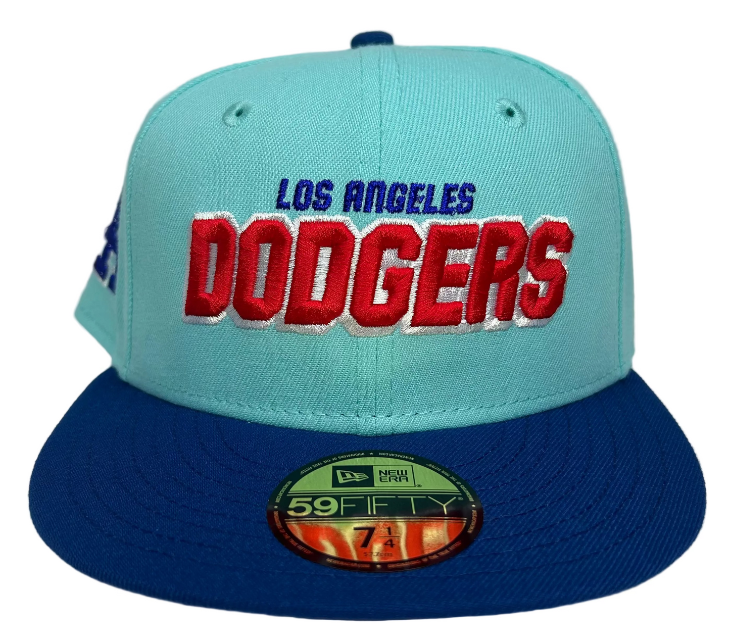 New Era Los Angeles Dodgers 59FIFTY fitted hat, teal crown and royal blue visor W/ Grey UV.