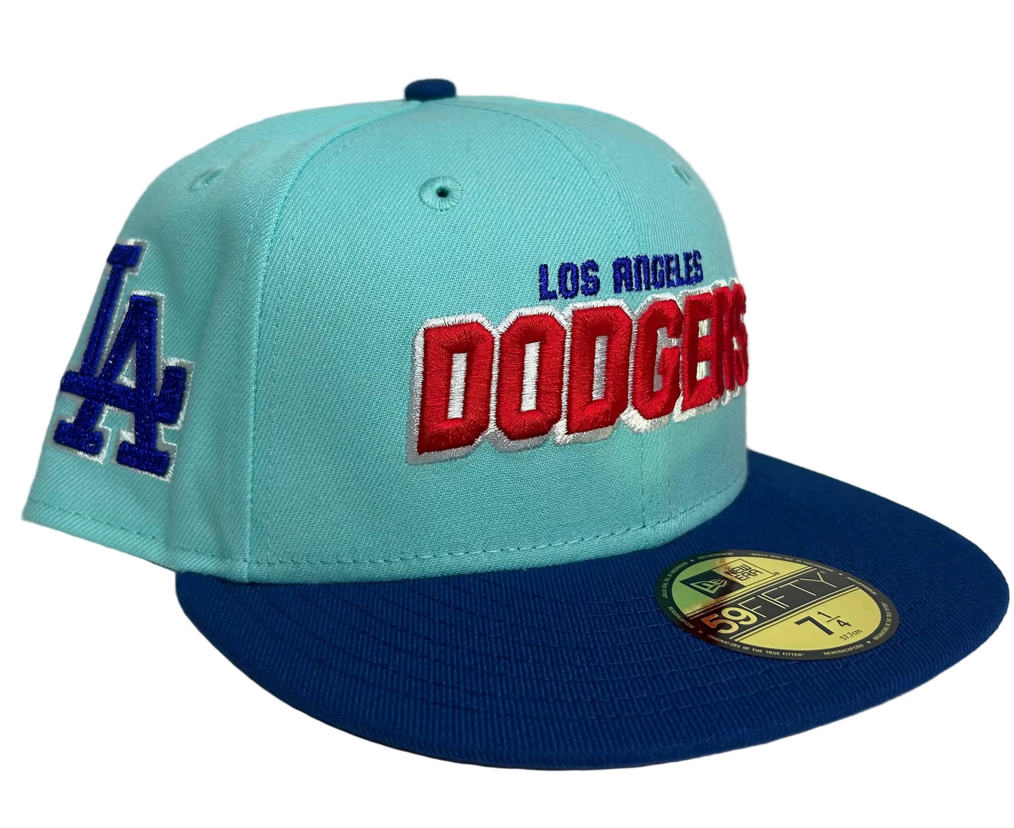 New Era Los Angeles Dodgers 59FIFTY fitted hat, teal crown and royal blue visor W/ Grey UV.