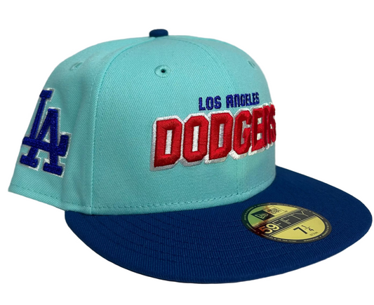 New Era Los Angeles Dodgers 59FIFTY fitted hat, teal crown and royal blue visor W/ Grey UV.