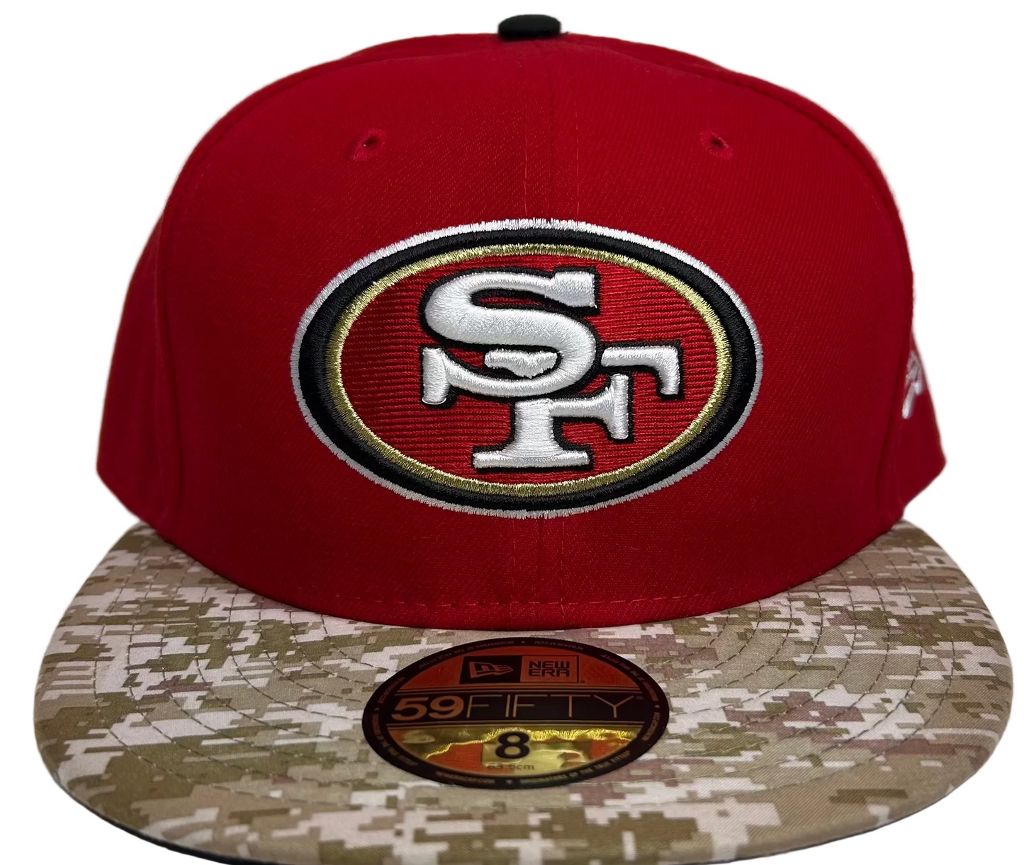 New Era San Francisco 49ers 59FIFTY fitted hat, featuring a red crown and a digital camouflage brim.