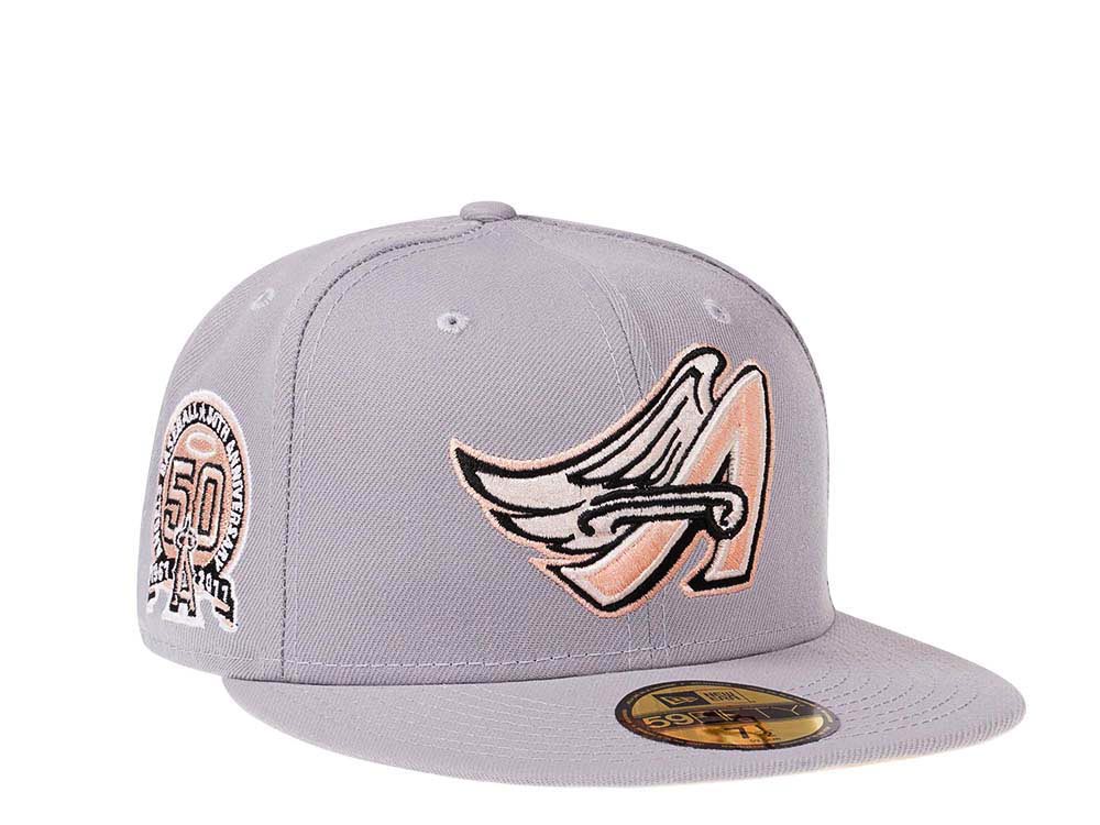 New Era Los Angeles Angels Feather 59FIFTY Fitted Cap featuring a gray crown, peach-colored detailing, and a 50th-Anniversary side patch. 
