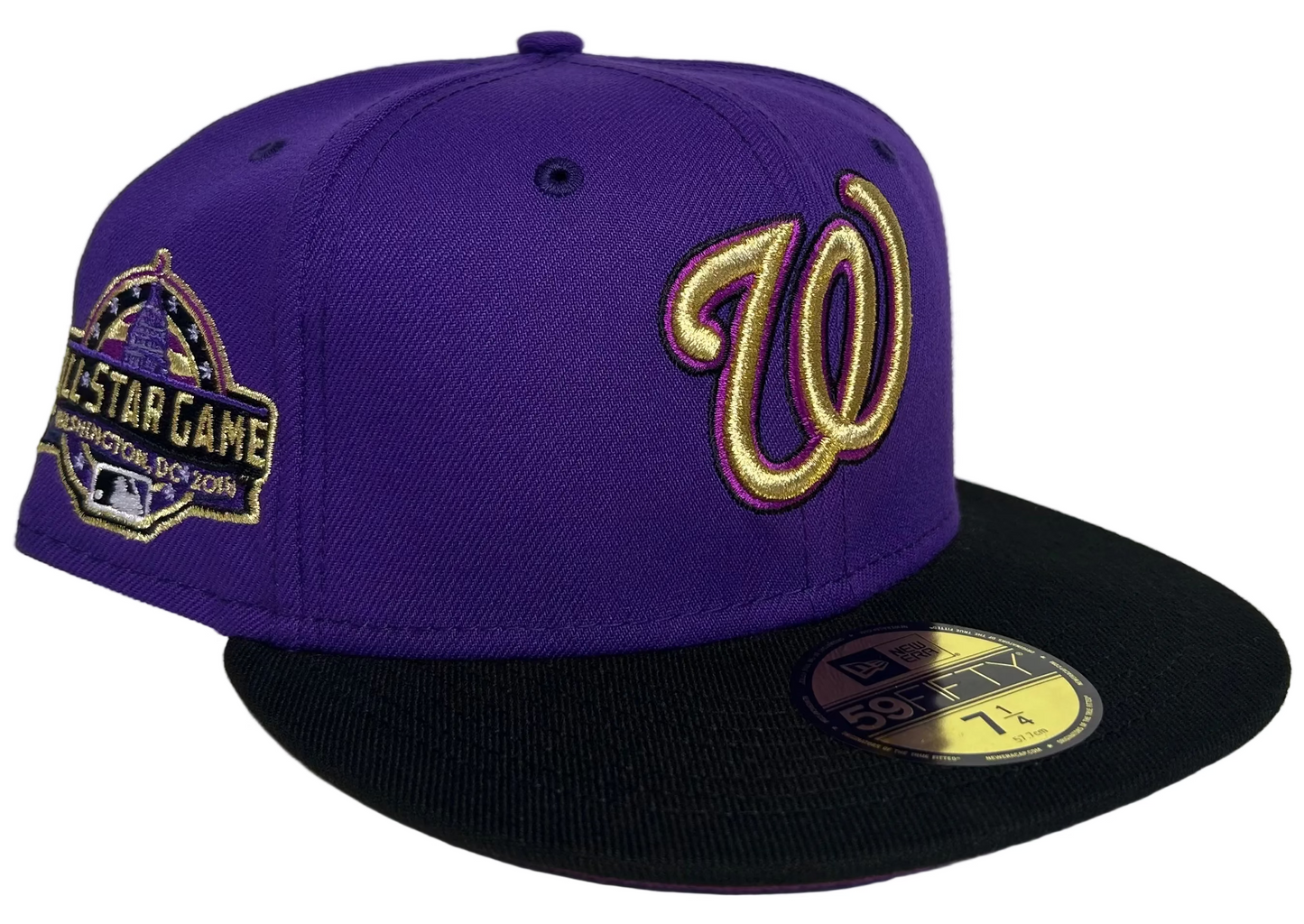 New Era Washington Nationals “Crown Royal” 10th Anniversary 59FIFTY Fitted Hat, featuring a purple crown, black visor, and gold embroidered logo. 
