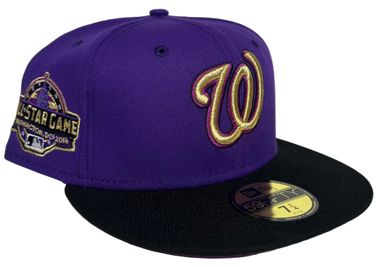 New Era Washington Nationals “Crown Royal” 10th Anniversary 59FIFTY Fitted Hat, featuring a purple crown, black visor, and gold embroidered logo. 