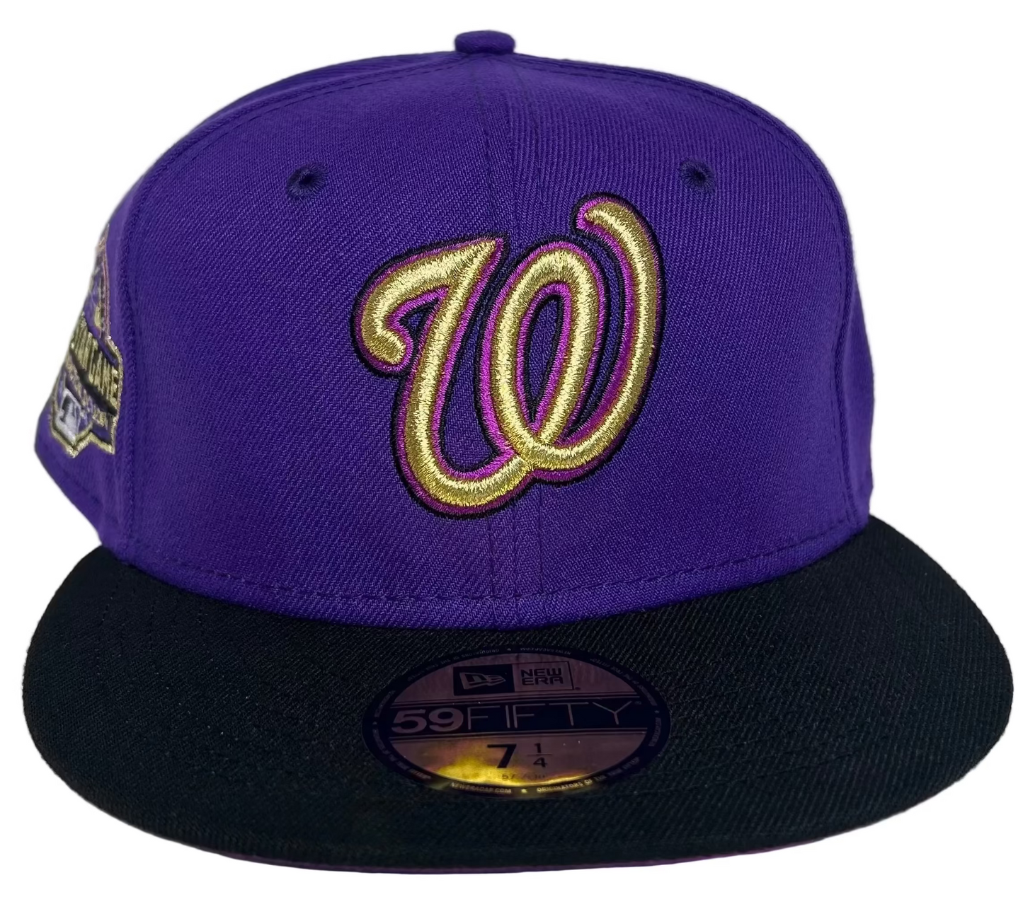 New Era Washington Nationals “Crown Royal” 10th Anniversary 59FIFTY Fitted Hat, featuring a purple crown, black visor, and gold embroidered logo. 