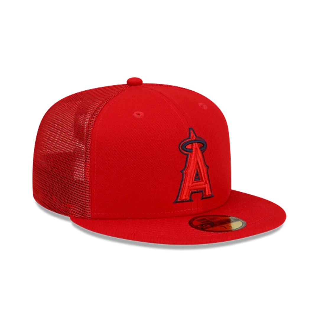 New Era 59Fifty Anaheim Angels Batting Practice 2023 Trucker Fitted Hat Red.