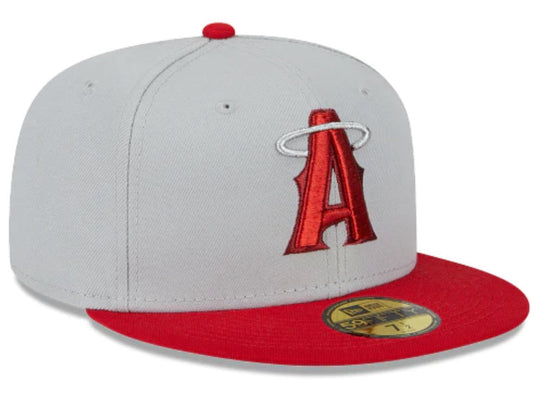 ANAHEIM ANGELS FITTED NEW ERA 59FIFTY METALLIC CITY CAP HAT GREY RED