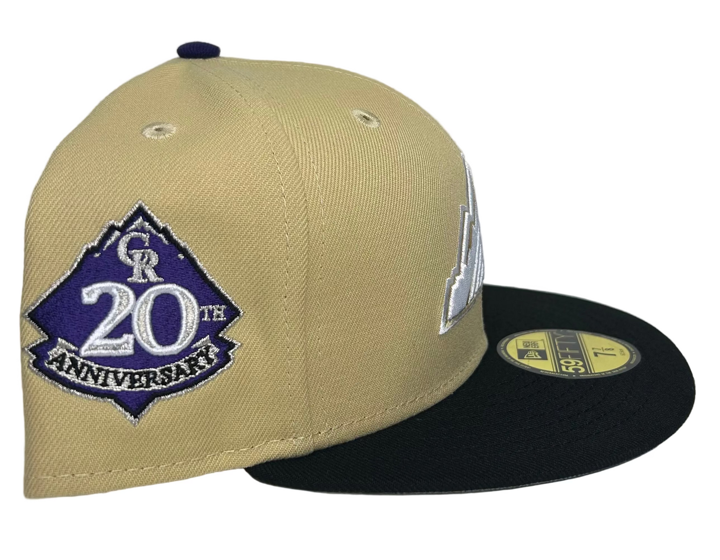 Colorado Rockies 2-Tone Vegas Gold & Black W/ a Grey UV, New Era 59FIFTY Fitted Hat featuring a special 20th Anniversary side patch in purple with a matching button.