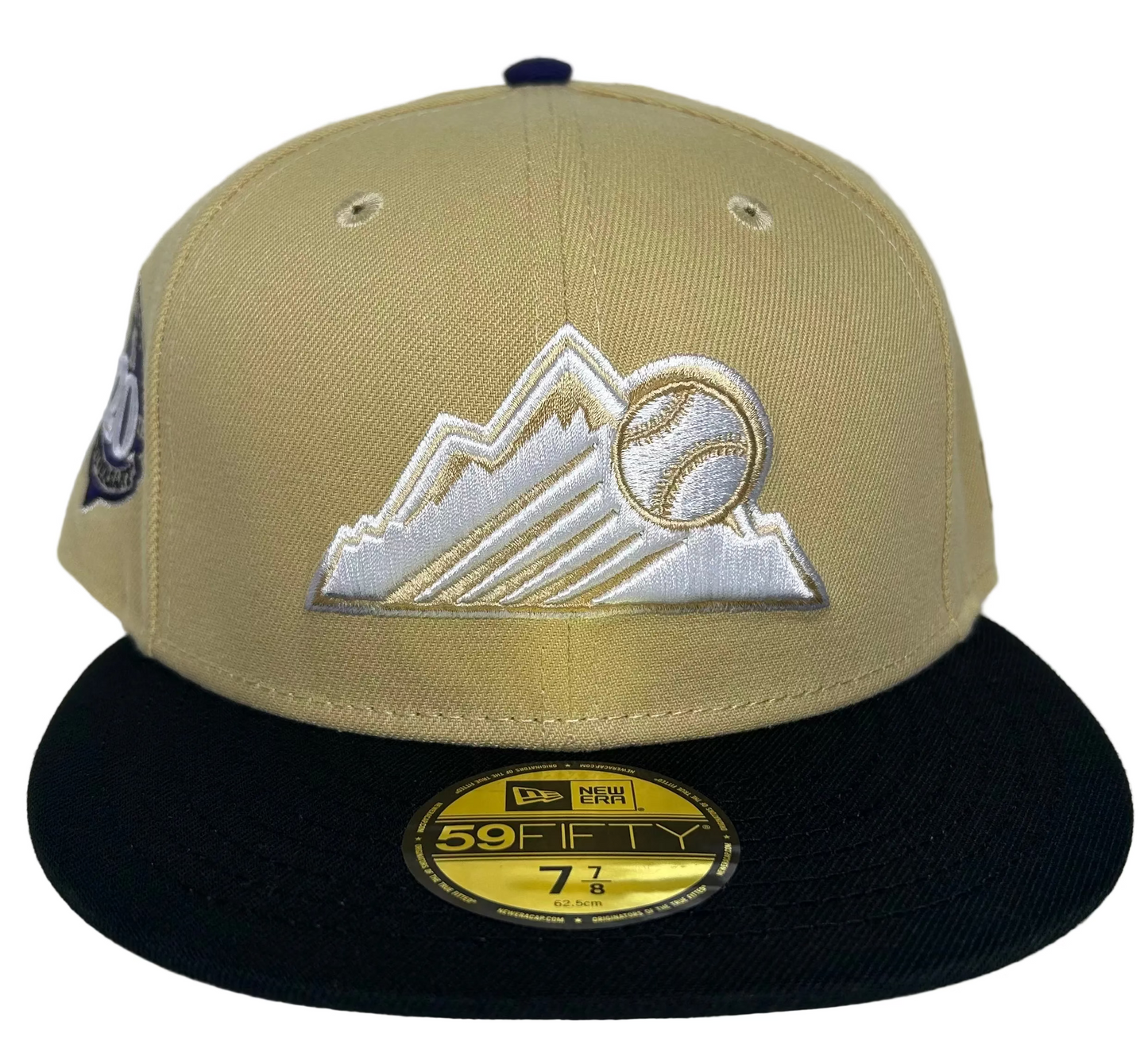 Colorado Rockies 2-Tone Vegas Gold & Black W/ a Grey UV, New Era 59FIFTY Fitted Hat featuring a special 20th Anniversary side patch in purple with a matching button.