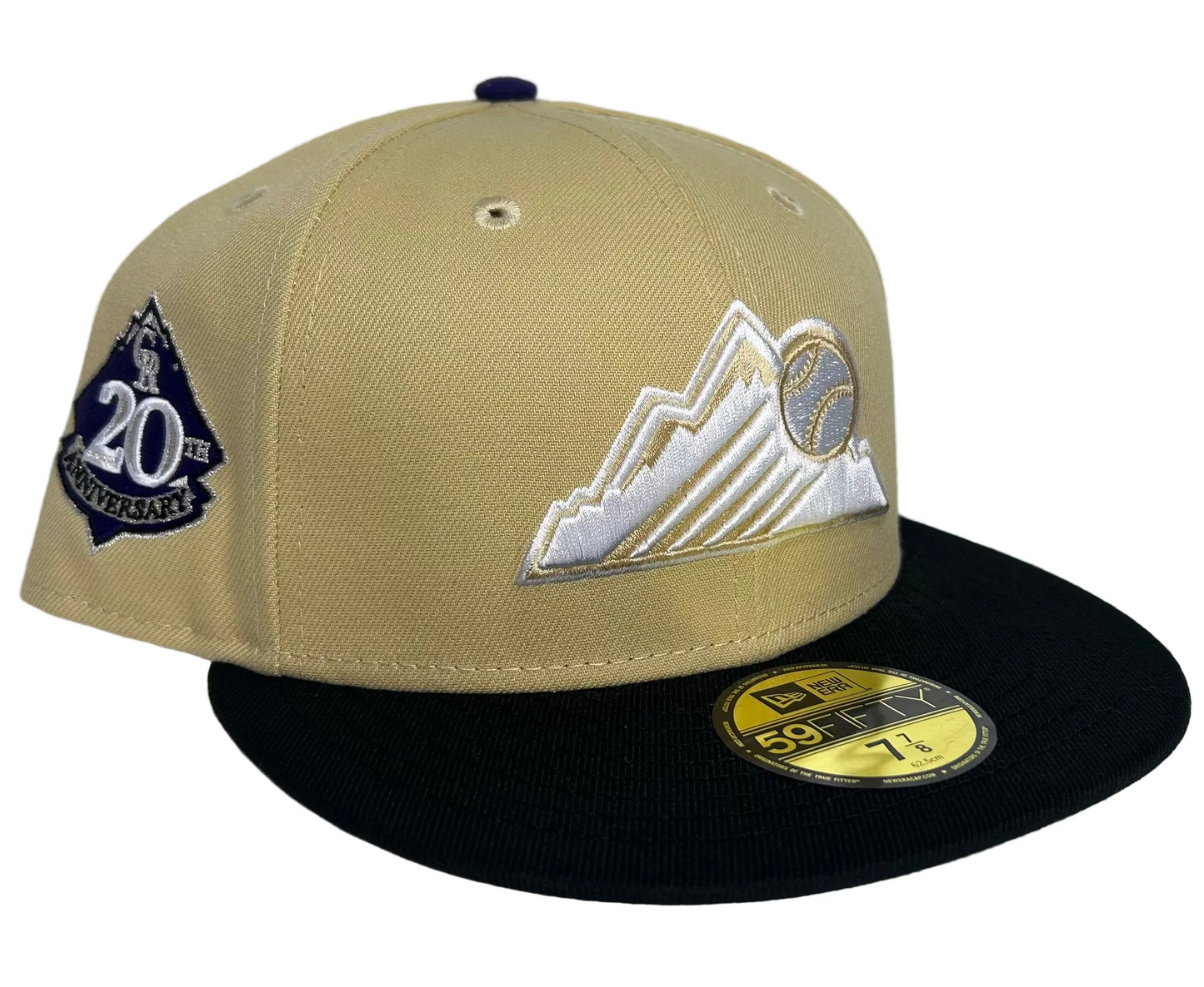 Colorado Rockies 2-Tone Vegas Gold & Black W/ a Grey UV, New Era 59FIFTY Fitted Hat featuring a special 20th Anniversary side patch in purple with a matching button.