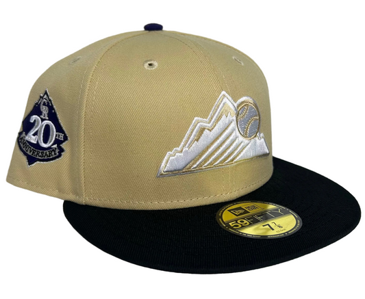 Colorado Rockies 2-Tone Vegas Gold & Black W/ a Grey UV, New Era 59FIFTY Fitted Hat featuring a special 20th Anniversary side patch in purple with a matching button.