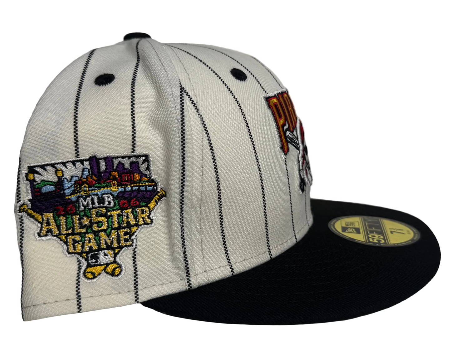 New Era 59FIFTY Pittsburgh Pirates fitted cap, featuring a pinstripe design, a black brim, and special embroidery commemorating an All-Star game or stadium anniversary. 