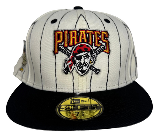 New Era 59FIFTY Pittsburgh Pirates fitted cap, featuring a pinstripe design, a black brim, and special embroidery commemorating an All-Star game or stadium anniversary. 