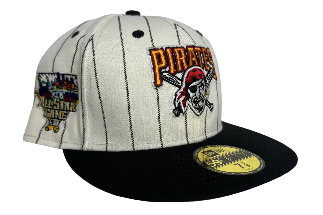 New Era 59FIFTY Pittsburgh Pirates fitted cap, featuring a pinstripe design, a black brim, and special embroidery commemorating an All-Star game or stadium anniversary. 