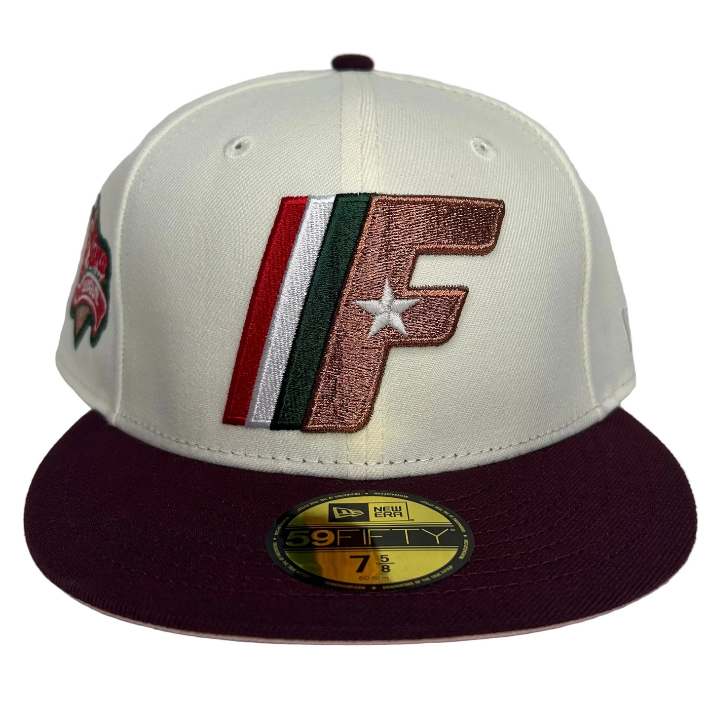 Fayetteville Woodpeckers 2-Tone White & Burgundy W/ a Pink UV, Carolina League Side Patch New Era 59Fifty fitted hat.