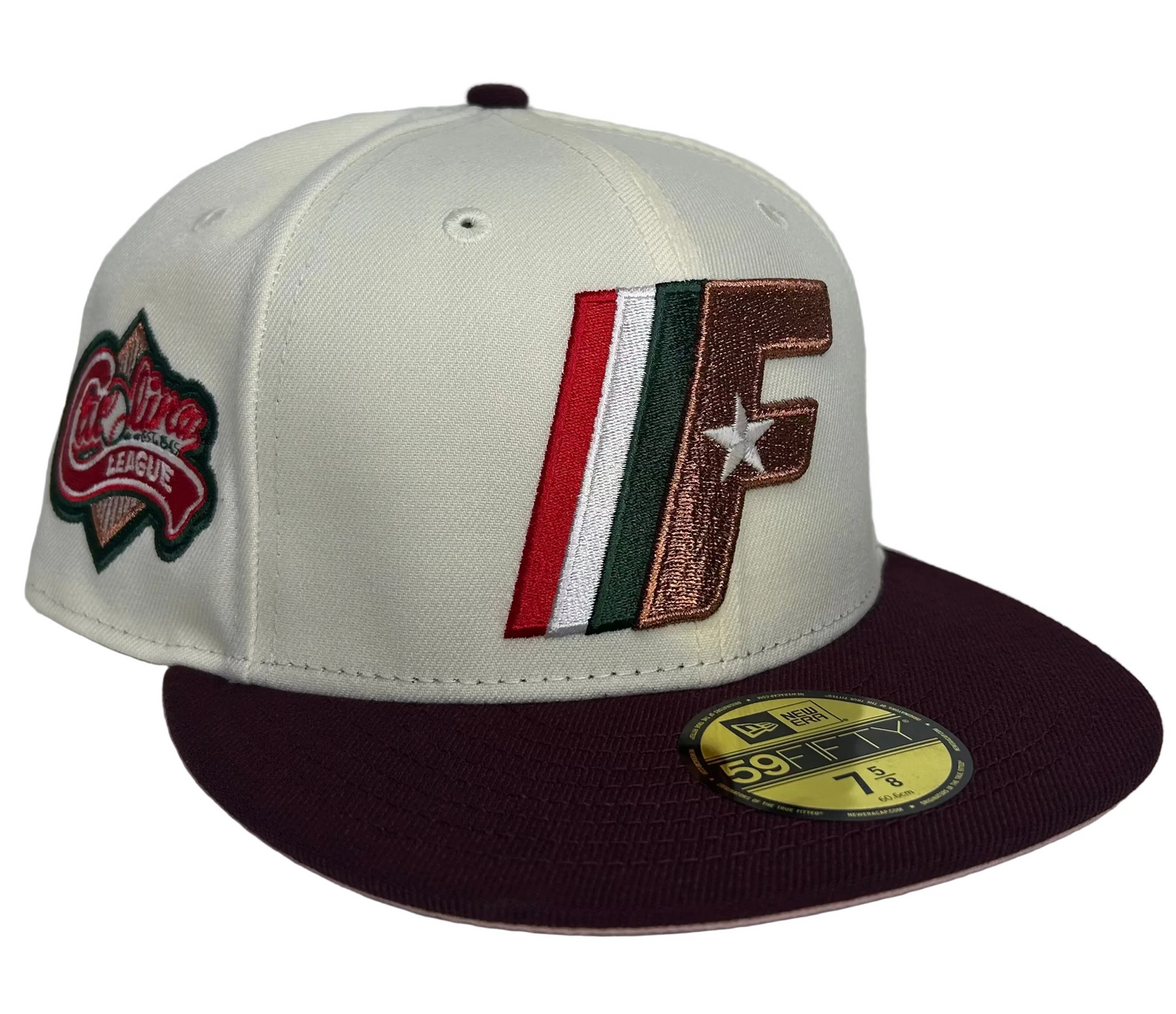 Fayetteville Woodpeckers 2-Tone White & Burgundy W/ a Pink UV, Carolina League Side Patch New Era 59Fifty fitted hat.
